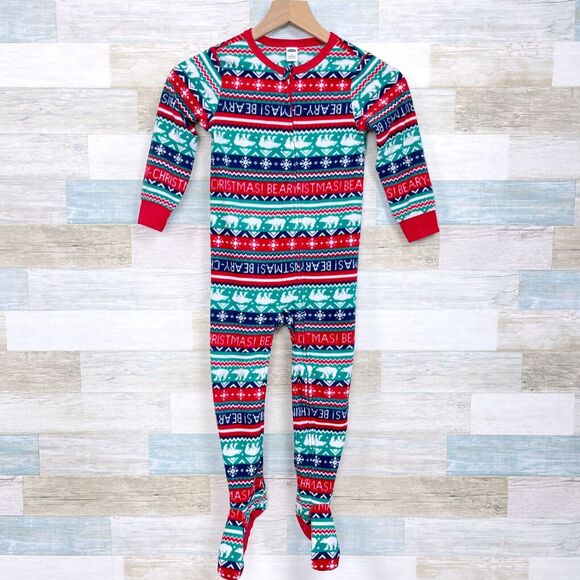 Old Navy Christmas Fleece Pajamas Footie Union Suit Red Green Zip Up Toddler 5T - Picture 1 of 6